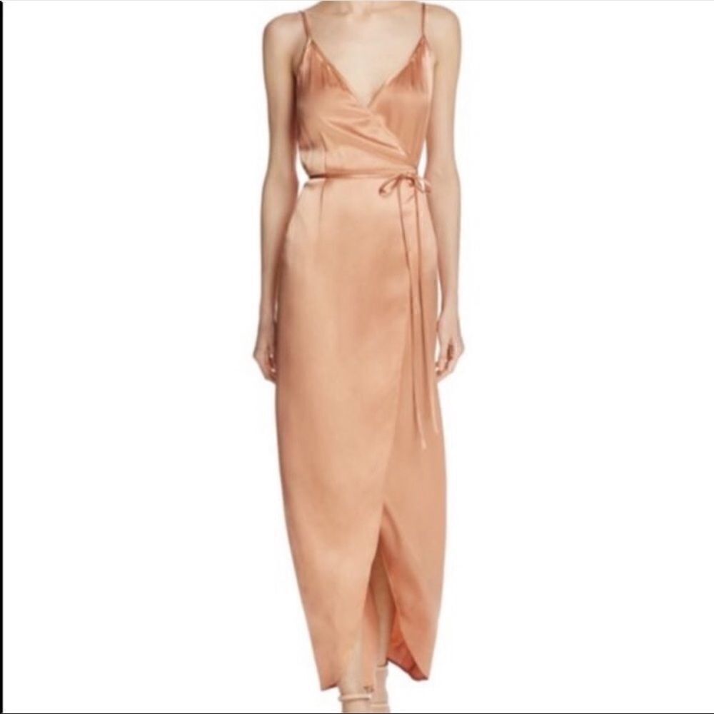 Wayf Tegan Rose Gold Silk Wrap Dress